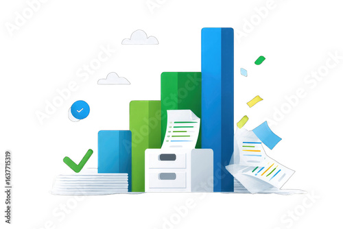 Growing bar graph with documents, files, and checkmarks