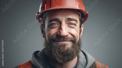 A weathered construction worker with a warm genuine smile after a long day with subtle shadows and focused studio
