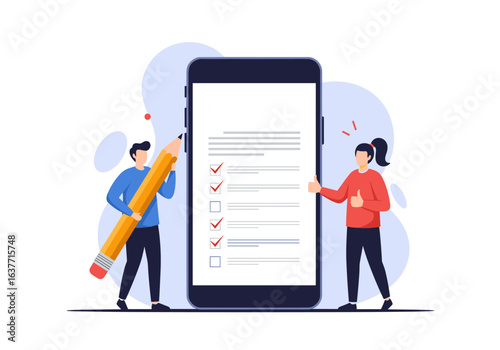 Completing tasks on a checklist using a smartphone and large pencil illustration demonstrating productivity and organization