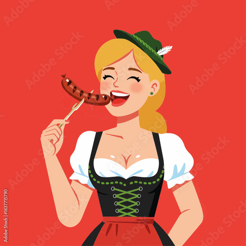Cheerful woman in dirndl enjoying a grilled bratwurst sausage at Oktoberfest