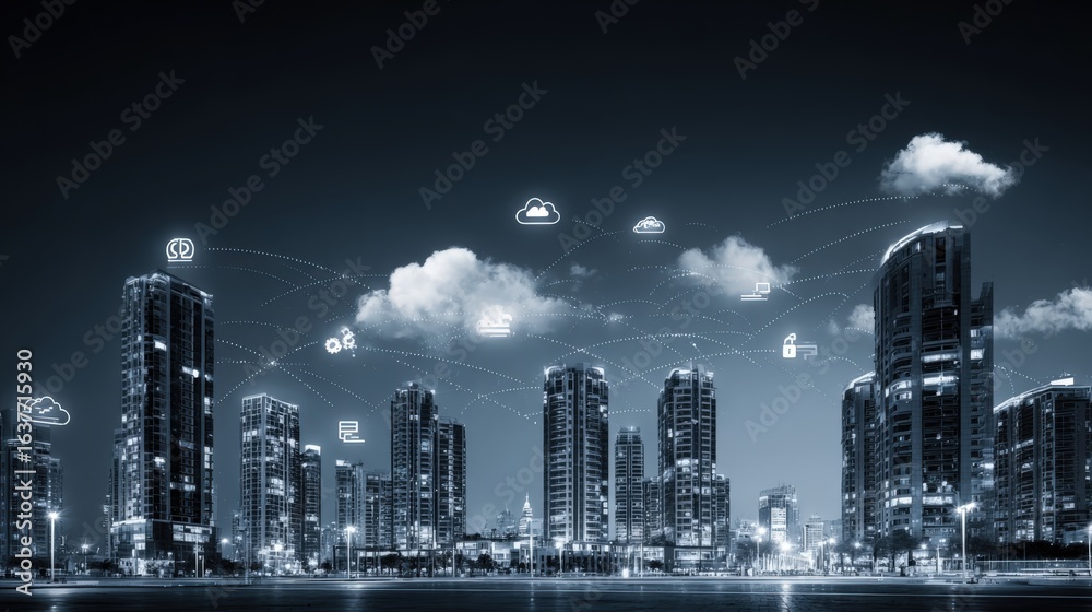 Fototapeta premium Modern Cityscape with Network Connectivity: Digital Infrastructure and Communication Technology in an Urban Environment