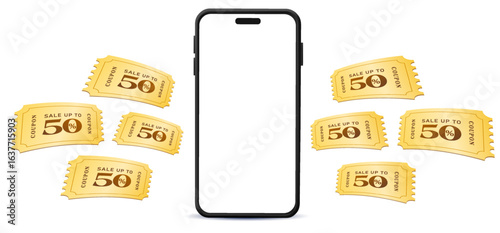3d blank smart phone mockup with gift voucher cards template flying out, coupon code, 50% off, isolated on white background. Cashback coupon with phone banner template in 3d vecotor. Vector