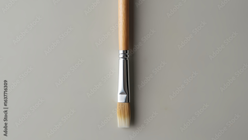 Naklejka premium Simple Flat Head Paintbrush with Wooden Handle and Metal Ferrule on a Solid Gray Background