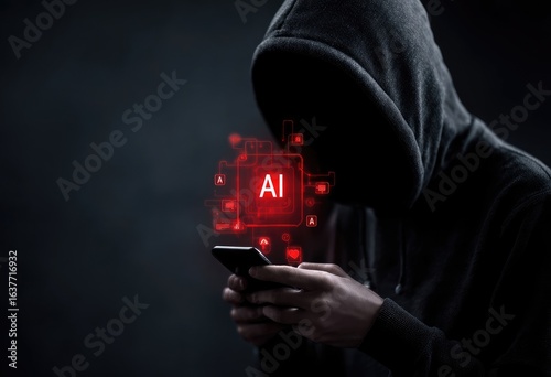 Person in a dark hoodie, looking at a phone, with AI graphic overlay