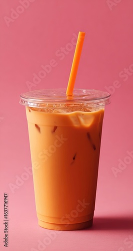 Wallpaper Mural Iced tea in clear plastic cup with orange straw on pink background Torontodigital.ca