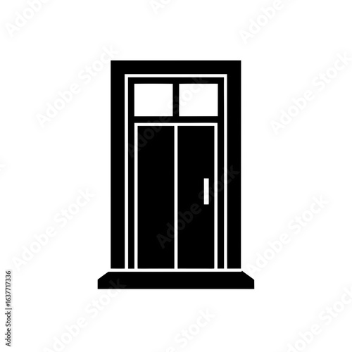 A closed black door on transparent background silhouette
