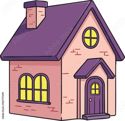 Small brick house with purple roof and yellow windows charming residential building vector illustration 