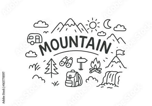 Cute doodle style illustration with large central word Mountain 
