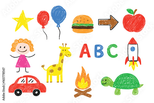 Hand drawn colorful kids objects and alphabet vector illustration