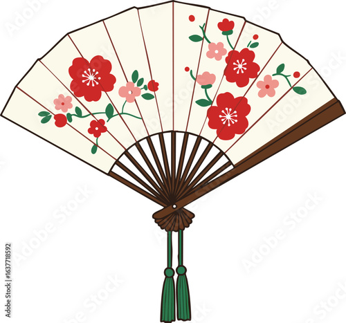 Traditional Japanese hand fan with red and pink plum blossoms floral design vector illustration 