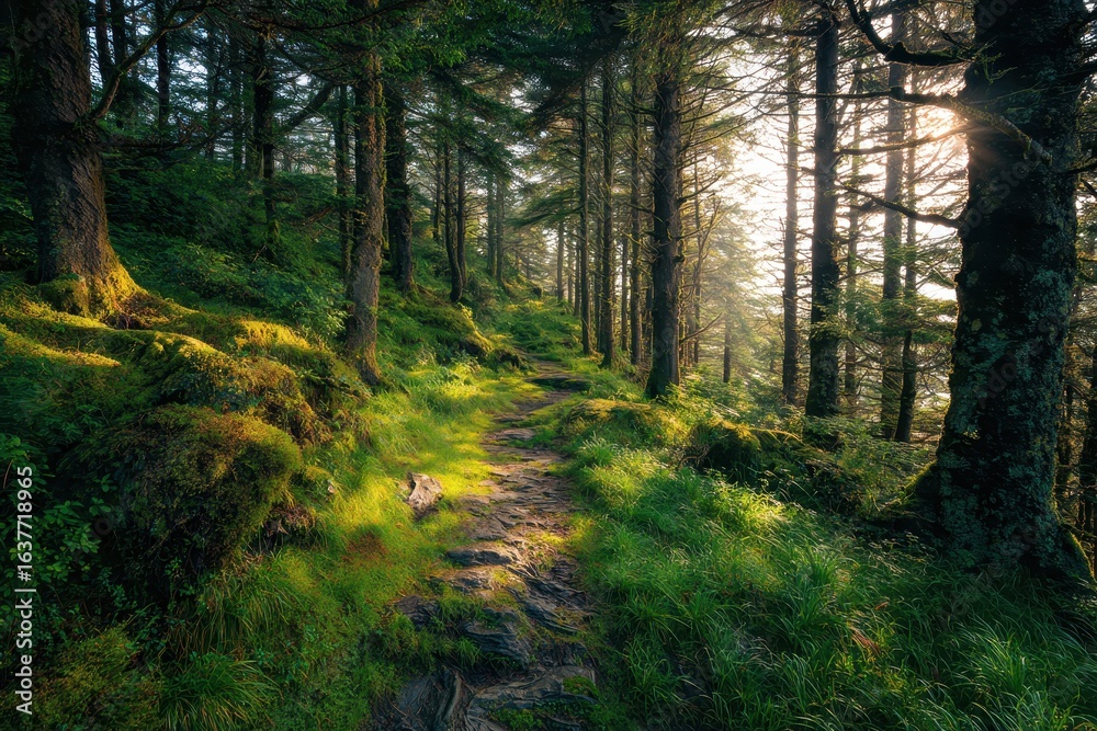 Fototapeta premium Lush green pathway through dense forest sunlight during golden hour in a serene natural setting