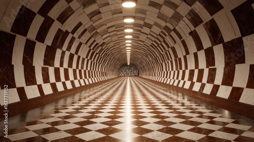Abstract Geometric Tunnel with Brown and White Patterned Floor