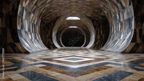 Abstract Geometric Tunnel with Brown and White Patterned Floor