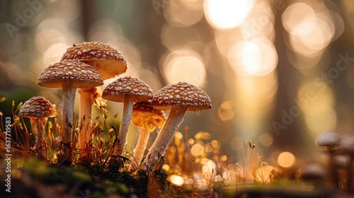 Cluster of dotted mushrooms growing on forest floor illuminated by soft bokeh light at sunset.