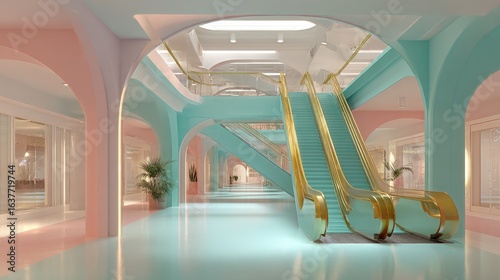 Retro Mall Interior with Floating Escalators and Pastel Colors