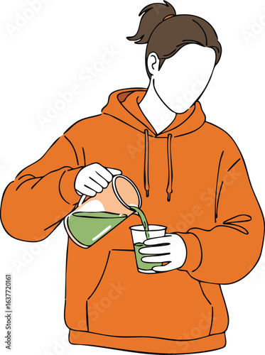 Woman pouring green juice from glass pitcher into cup wearing orange hoodie vector illustration 