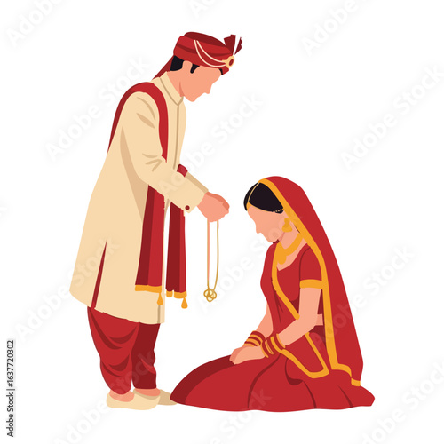 Minimal Hindu Wedding Groom Tying Mangalsutra Ceremony Vector Illustration