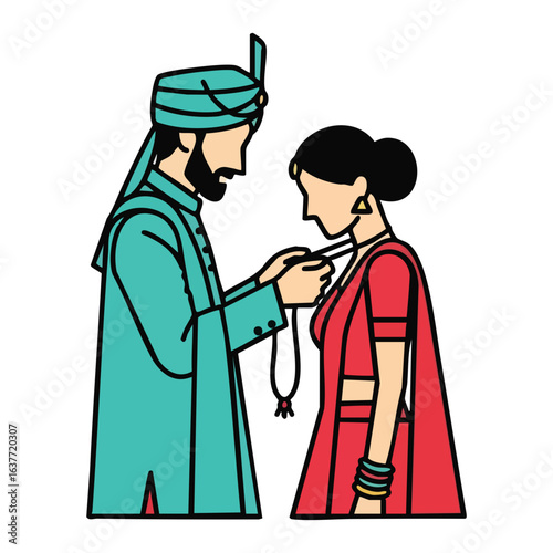 Minimal Hindu Wedding Groom Tying Mangalsutra Ceremony Vector Illustration