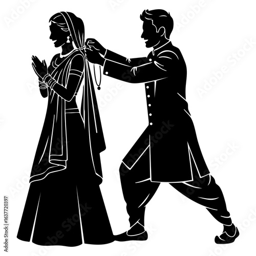 Minimal Hindu Wedding Groom Tying Mangalsutra Ceremony Vector Illustration