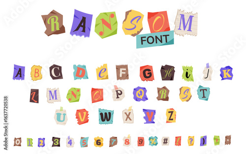 Ransom font. Letters and numbers cut from newspapers and magazines. Anonymous, ransom, magazine, newspaper alphabet.