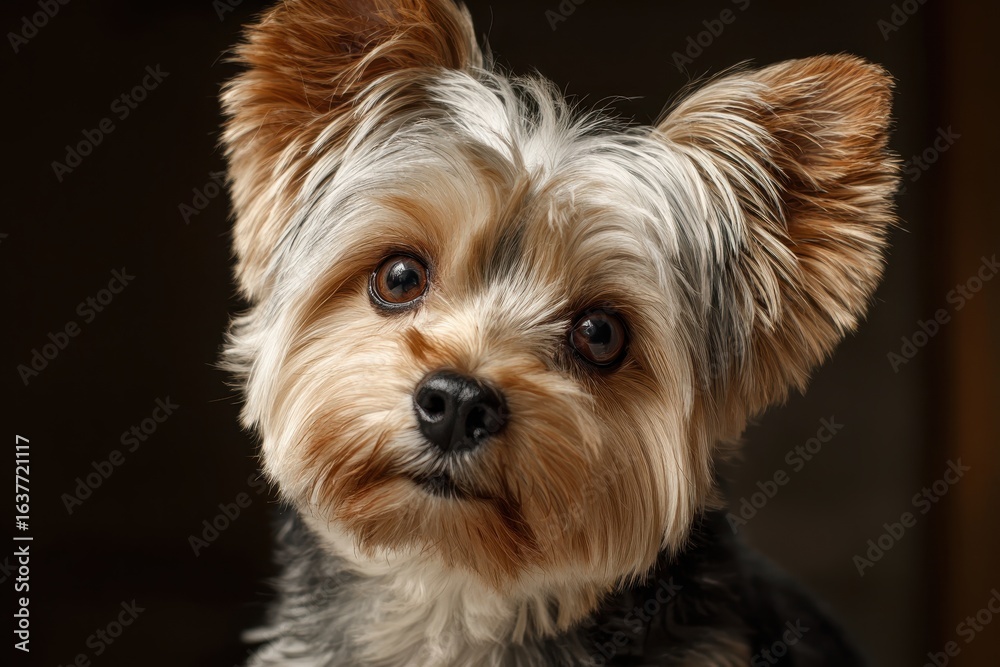 Cute small dog with expressive eyes posing indoors with soft lighting and blurred background Cute small dog with expressive eyes posing indoors with soft lighting and blurred background
