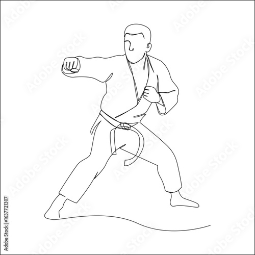 Minimalist one-line drawing of a martial artist in a fighting stance, wearing a gi and belt, ready to strike.