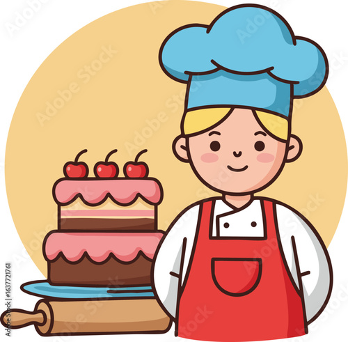 Friendly female chef with two layer cake and rolling pin vector illustration in cartoon style 
