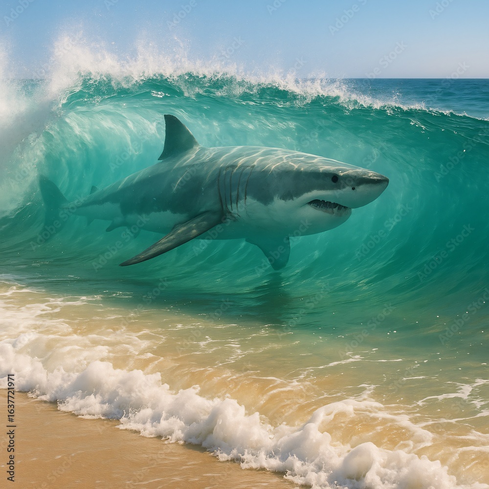 Fototapeta premium Great White Shark Visible Inside Breaking Ocean Wave Near Shore