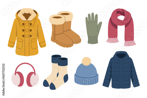 Collection of essential winter clothing items including coats boots hats gloves socks and earmuffs to keep you warm and stylish