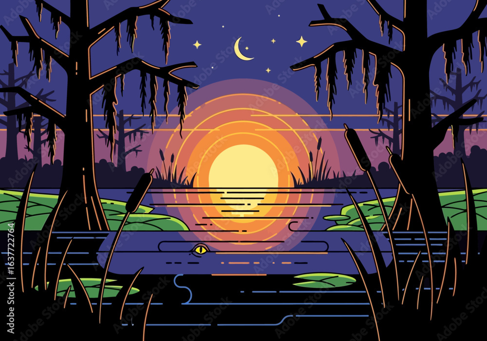 Obraz premium Mystical Swamp Night Scene Vector Illustration Design