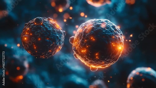 Glowing spheres with dark blue background.