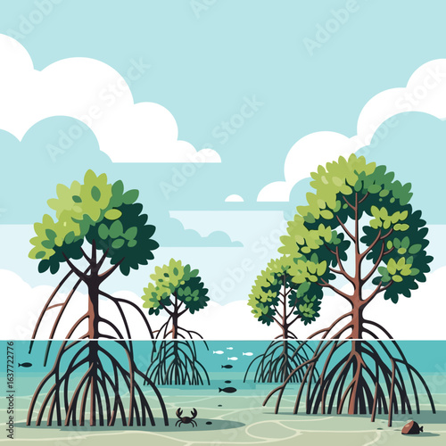 Mangrove Ecosystem with Root System Vector Illustration
