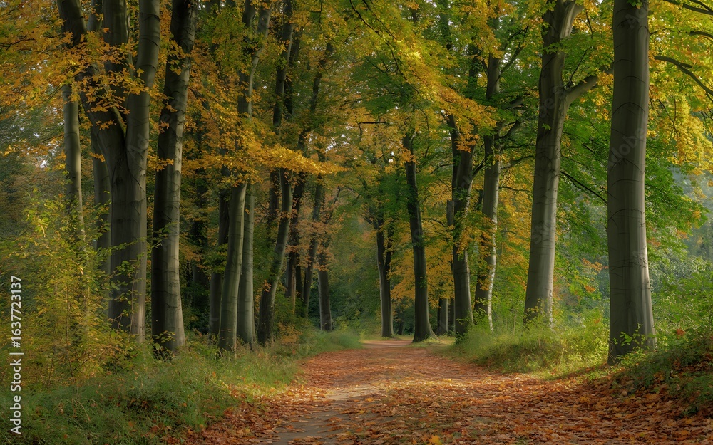 Obraz premium Autumn forest path with fallen leaves