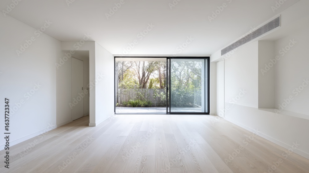Fototapeta premium Modern Empty Room with Hardwood Flooring and Natural Light from Large Sliding Glass Doors