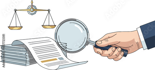 A stylized vector of a hand with a magnifying glass over documents, symbolizing a tax audit and regulation.
