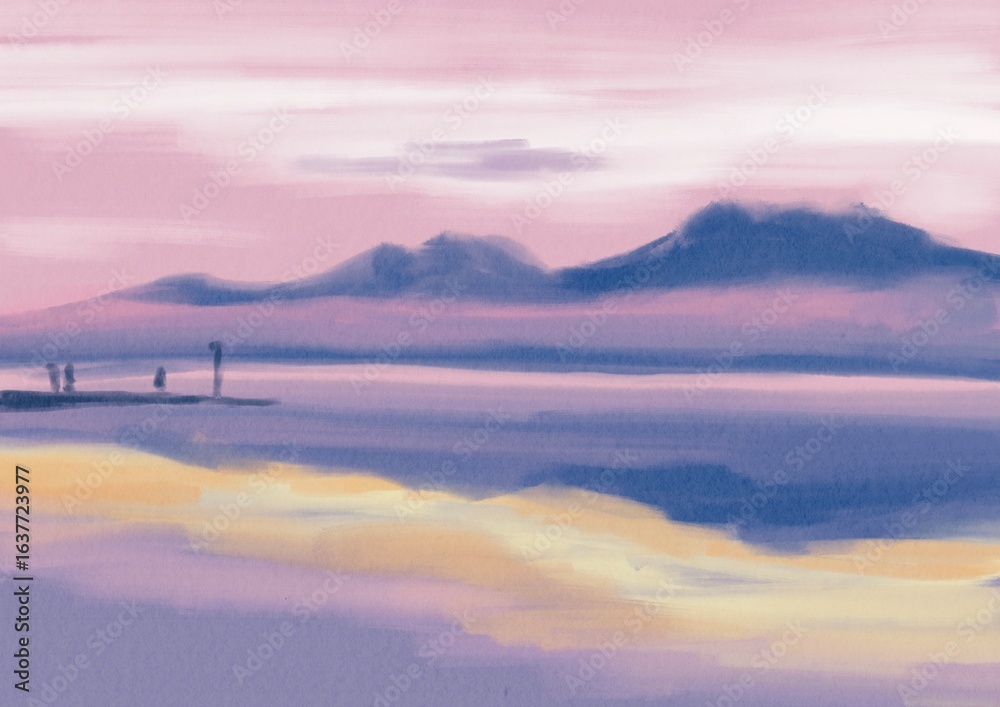 Obraz premium Purple Pink Sunset in the Lake Illustration