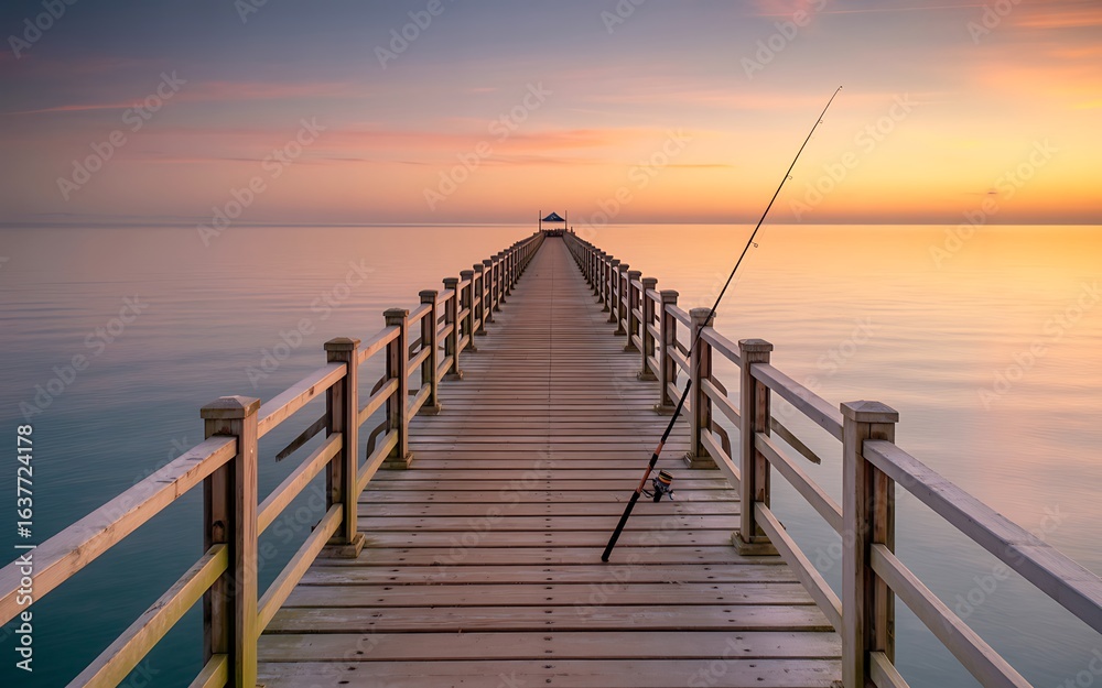 Obraz premium Pier at sunset with fishing rod