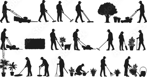 Silhouette people mowing lawn, trimming grass, garden maintenance, outdoor yard work, landscaping, plant care, gardening, horticulture, eco-friendly lifestyle, vector design elements.