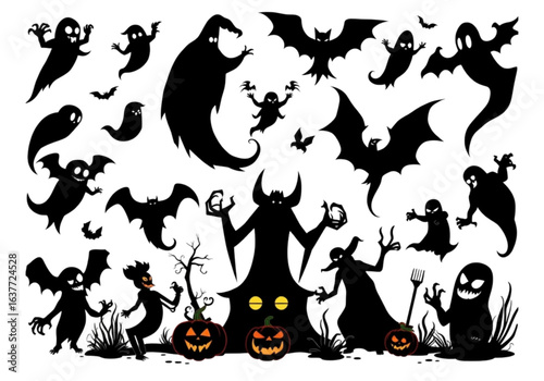 Detailed Vector Art: This New Halloween Design Showcases a Spooky Silhouette of a Ghosts, Pumpkins, and Bats on a Transparent Background.