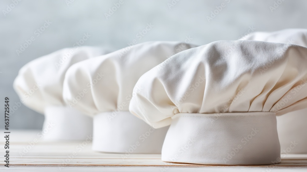 Obraz premium Chef Hats in a Row: Culinary Team Uniforms and Professional Kitchen Apparel Concept