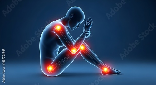 Human Figure Sitting with Glowing Red Joints in Blue Gradient