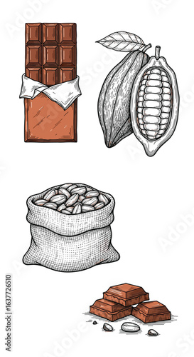 Delicious chocolate bar cacao beans sack and pieces artistic hand drawn illustration of sweet confectionery ingredients