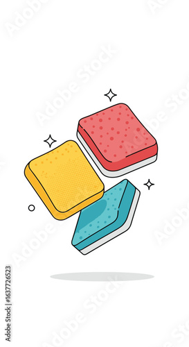 Colorful rectangular sponges for household cleaning and kitchen duties in a bright and cheerful style
