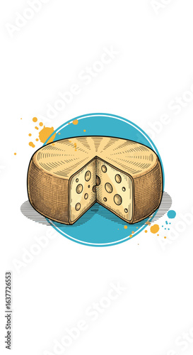 Delicious whole wheel of cheese with a slice removed showing the creamy texture and bubbles inside a circle surrounded by splattered paint for food advertisements