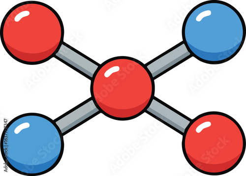 Molecular structure model with red and blue atoms connected by grey bonds vector illustration