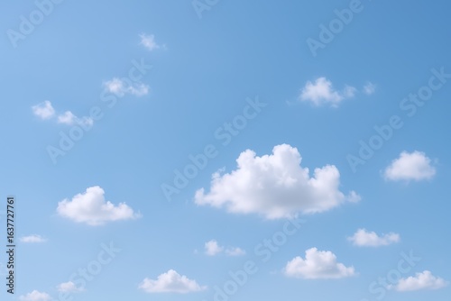 Clear Blue Sky with White Cumulus Clouds, a Sunny Day, Perfect for Backgrounds and Overlays