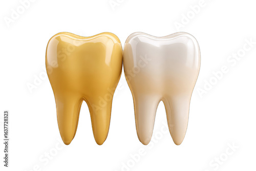 Two teeth, one light yellow, one white, side-by-side, highlighting teeth whitening