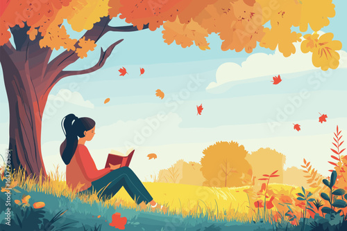 flat illustration of a girl reading a book under tree vector illustration