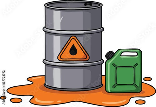 Metal barrel with hazardous warning sign and green fuel canister leaking orange liquid vector illustration 
