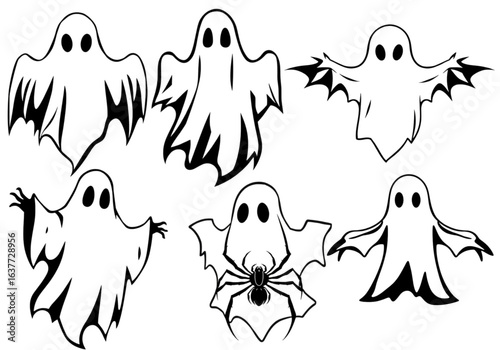 Spooky yet friendly, this vector illustration features a set of six diverse and playful ghost icons, ready for creating festive and fun Halloween-themed projects.